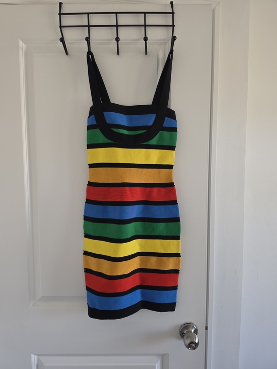 Dresses & Skirts - Hervé Léger Multicolor Striped Bandage Dress – Black Rainbow